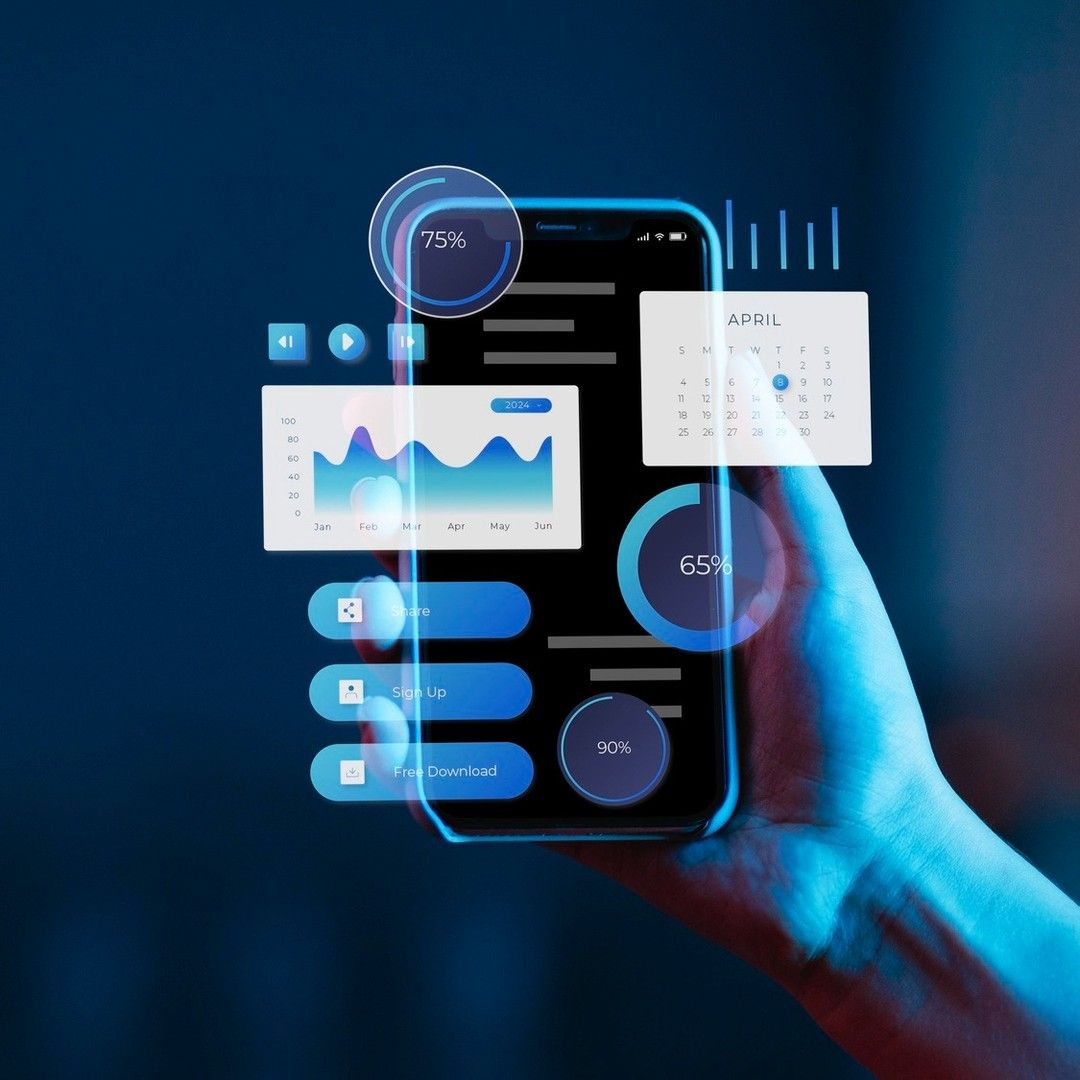 Hand holding smartphone with AI analytics UI