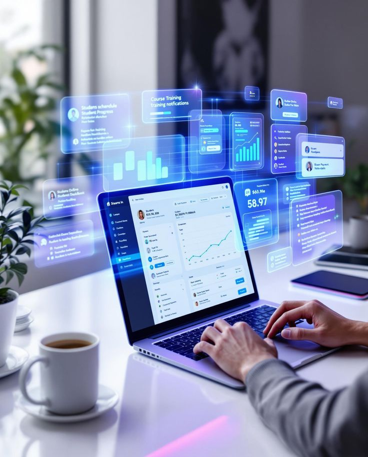 Laptop with holographic app dashboards