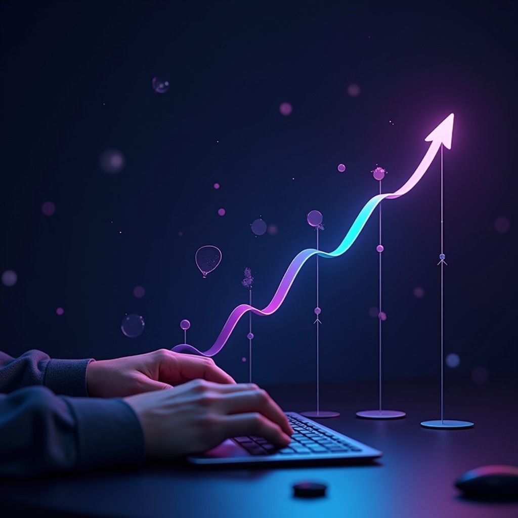 Hands on keyboard with glowing growth chart